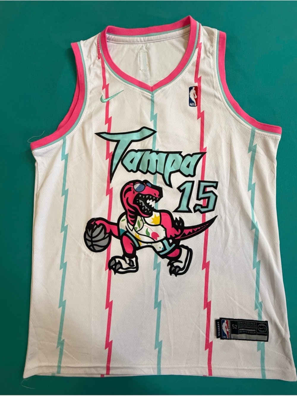 Nike White Tampa Dino Basketball Jersey with Pink & Teal Accents